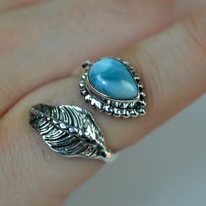 Larimar Ring, 925 Sterling Silver Adjustable Leaf Promise Ring, Natural Larimar Pear Shape Gemstone Jewelry, Gift for Her Birthday