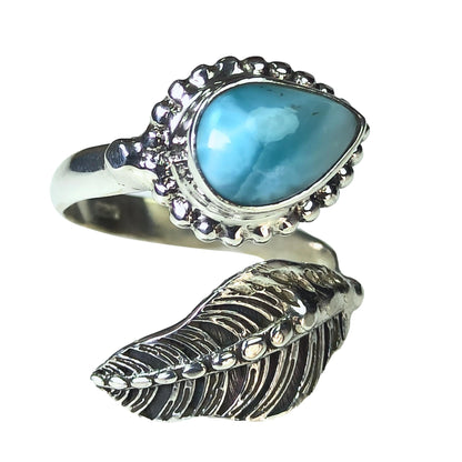 Larimar Ring, 925 Sterling Silver Adjustable Leaf Promise Ring, Natural Larimar Pear Shape Gemstone Jewelry, Gift for Her Birthday