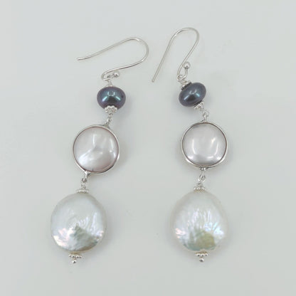 Pearl Dangle Earrings, 925 Sterling Silver Handmade Earrings, Freshwater Black Pearl, Coin Pearl, Baroque Pearl Earrings, Gift for her