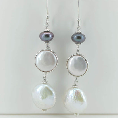 Pearl Dangle Earrings, 925 Sterling Silver Handmade Earrings, Freshwater Black Pearl, Coin Pearl, Baroque Pearl Earrings, Gift for her
