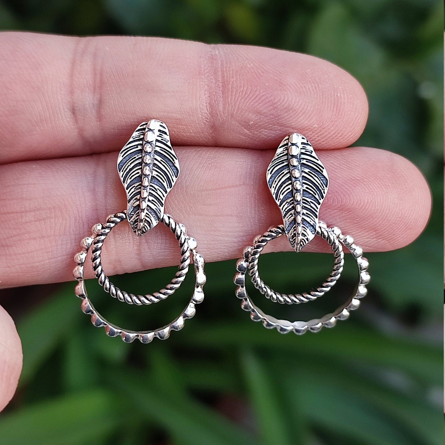 Leaf Earrings, 925 Sterling Silver Dangle Earrings, Nature-inspired leaf Handmade Boho Jewelry, Double Hoop Earrings, Unique Gift For Her