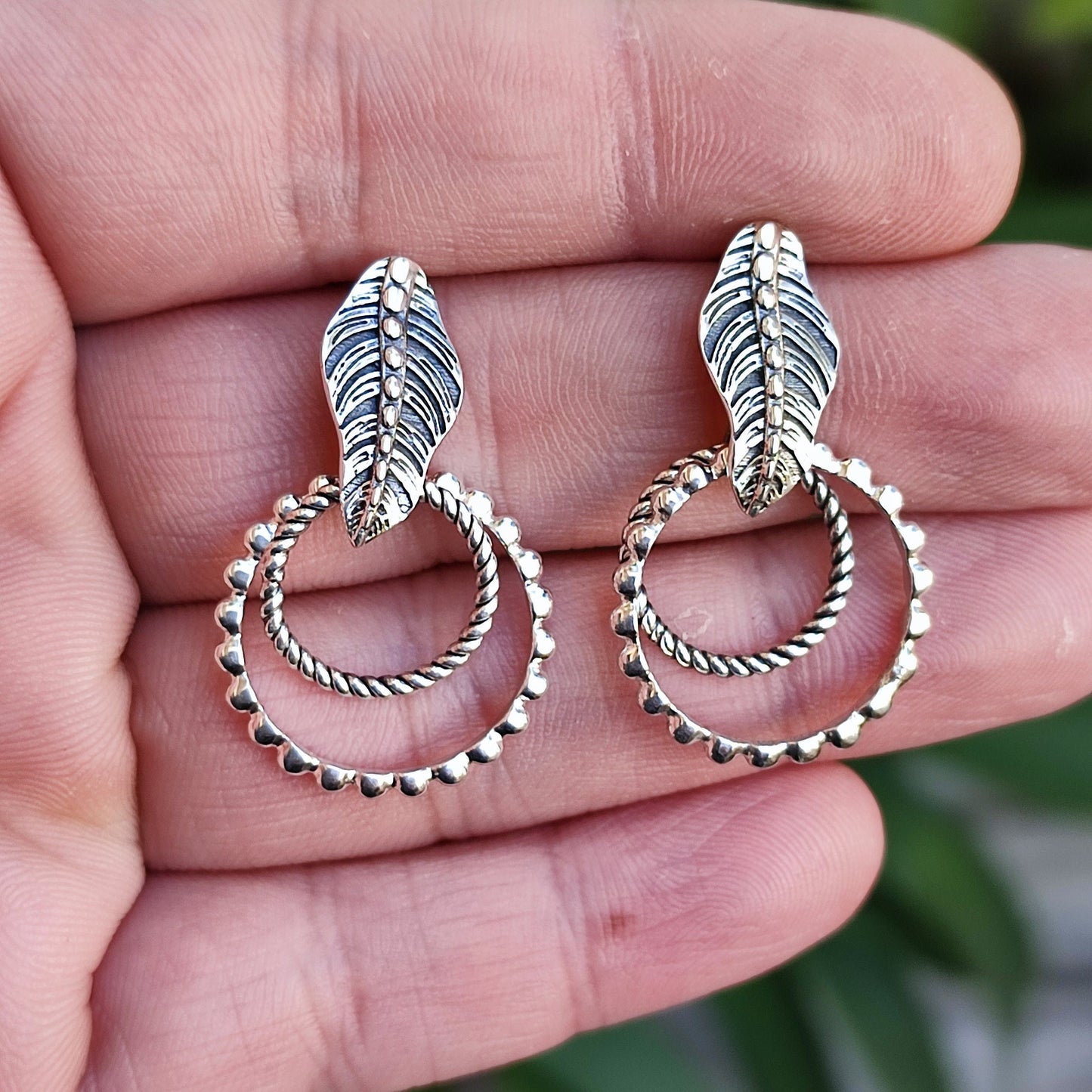 Leaf Earrings, 925 Sterling Silver Dangle Earrings, Nature-inspired leaf Handmade Boho Jewelry, Double Hoop Earrings, Unique Gift For Her