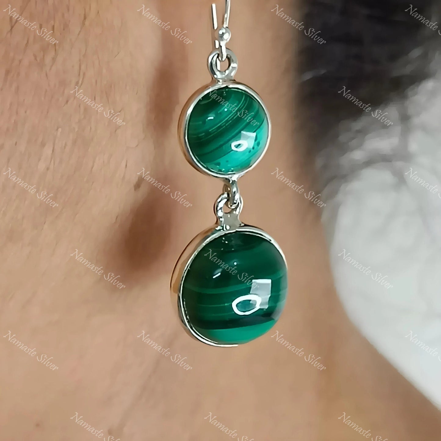 Malachite Earrings, 925 Sterling Silver Dangle Drop Earrings, Natural Green Malachite Round Gemstone Boho Jewelry, Birthstone Gift for Her