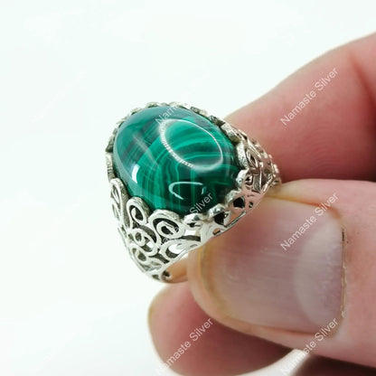 Malachite Ring, 925 Sterling Silver Cocktail Promise Ring, Natural Malachite Gemstone Oval Handmade Jewelry, Green Birthstone Gift For Her