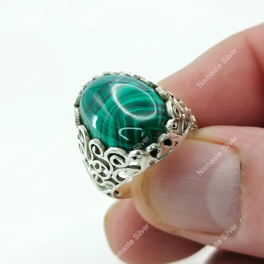 Malachite Ring, 925 Sterling Silver Cocktail Promise Ring, Natural Malachite Gemstone Oval Handmade Jewelry, Green Birthstone Gift For Her