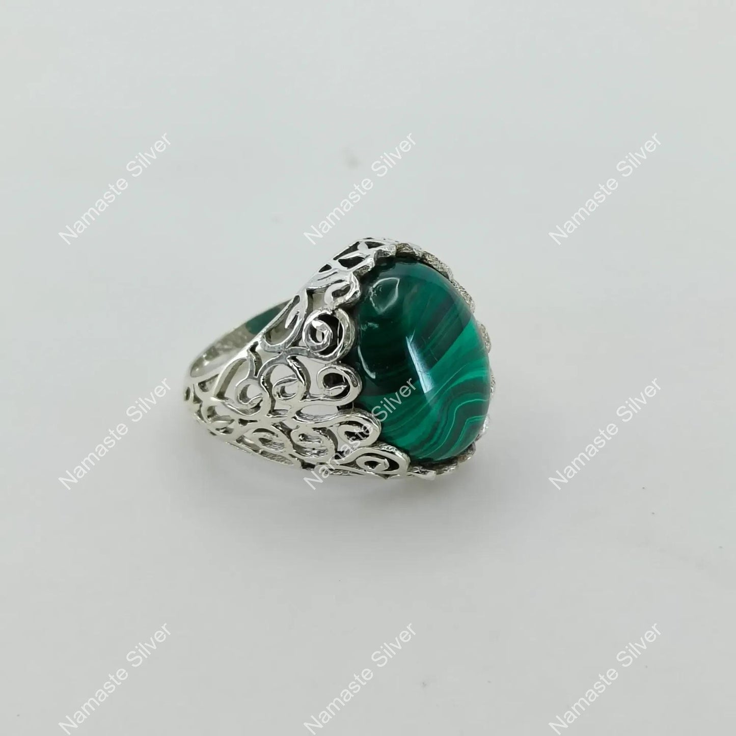 Malachite Ring, 925 Sterling Silver Cocktail Promise Ring, Natural Malachite Gemstone Oval Handmade Jewelry, Green Birthstone Gift For Her