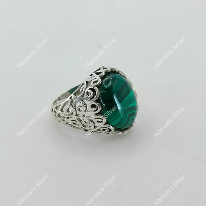 Malachite Ring, 925 Sterling Silver Cocktail Promise Ring, Natural Malachite Gemstone Oval Handmade Jewelry, Green Birthstone Gift For Her