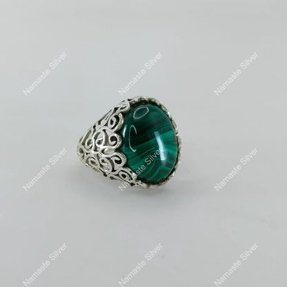 Malachite Ring, 925 Sterling Silver Cocktail Promise Ring, Natural Malachite Gemstone Oval Handmade Jewelry, Green Birthstone Gift For Her