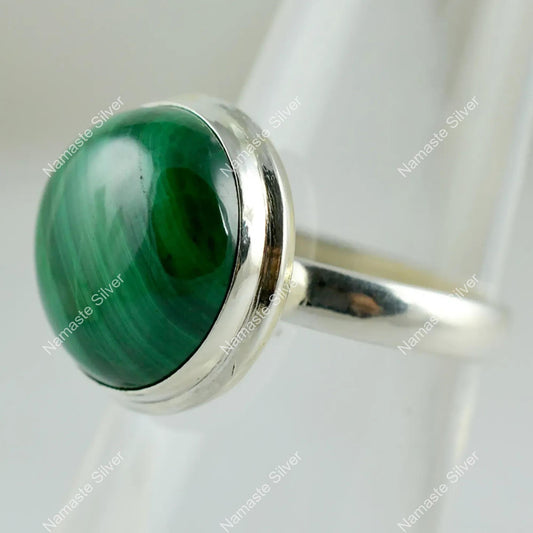 Malachite Ring, 925 Sterling Silver Handmade Cocktail Promise Ring, Natural Malachite Round Gemstone Boho Jewelry, Birthstone Gift For Her