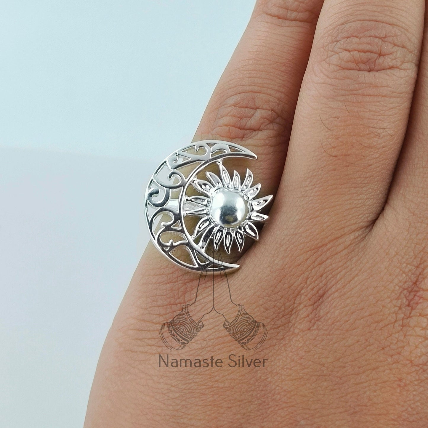 Sun Moon Ring, 925 Sterling Silver Statement Promise Ring, Handmade Crescent Moon Spiritual Boho Jewelry, Celestial Jewelry, Gift for Her