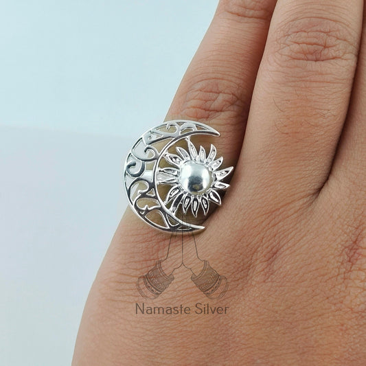 Sun Moon Ring, 925 Sterling Silver Statement Promise Ring, Handmade Crescent Moon Spiritual Boho Jewelry, Celestial Jewelry, Gift for Her