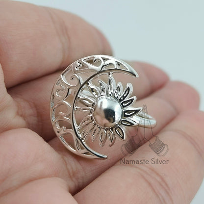 Sun Moon Ring, 925 Sterling Silver Statement Promise Ring, Handmade Crescent Moon Spiritual Boho Jewelry, Celestial Jewelry, Gift for Her