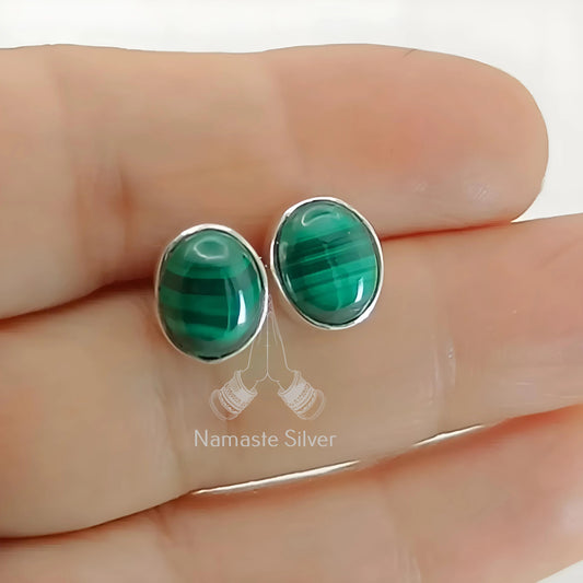 Malachite Earrings, 925 Sterling Silver Handmade Stud Posts, Natural Malachite Oval Gemstone Stud Earrings, Birthstone Jewelry, Gift For Her