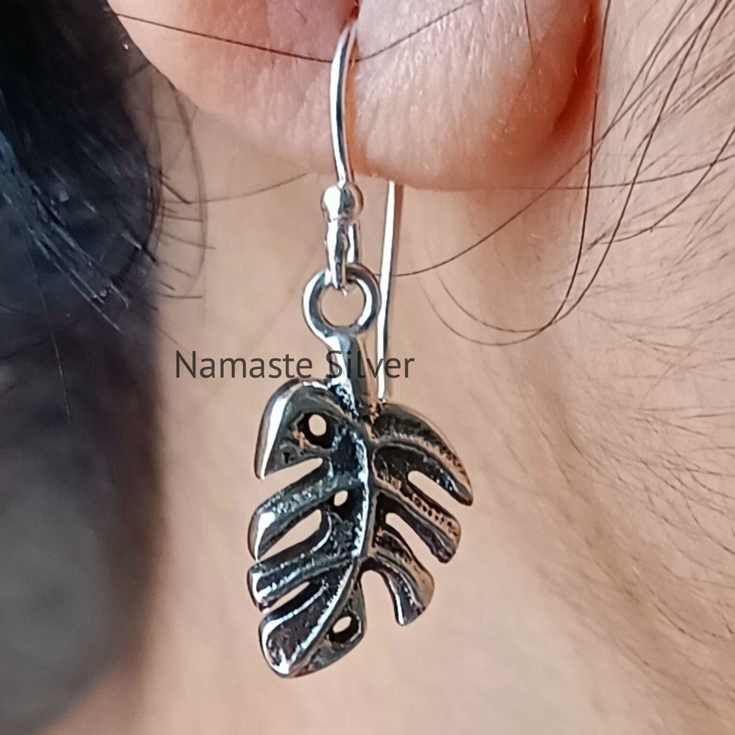 Monstera Leaf Silver Dangle Earrings | 925 Sterling Silver Handmade Boho Jewelry | Gift for her Birthday | Nature Inspired Earrings