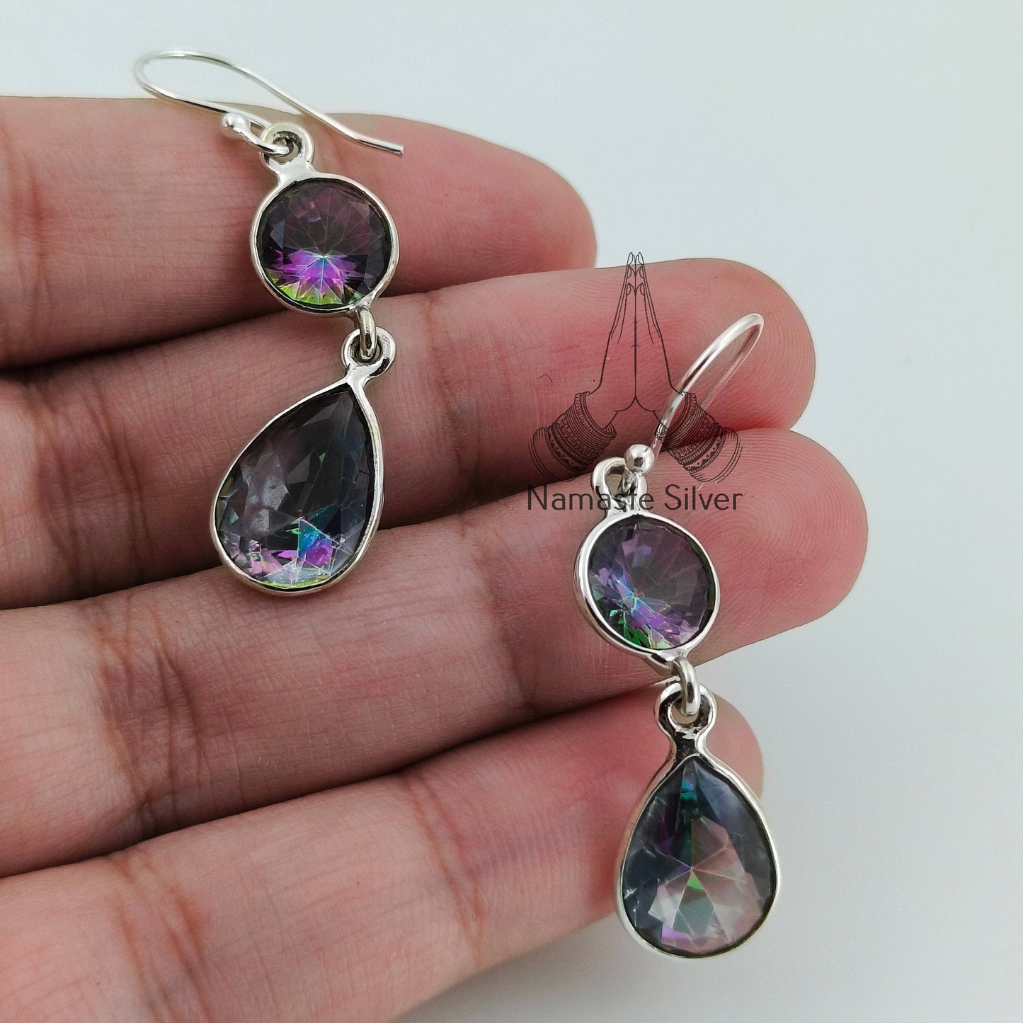 Aurora Mystic Topaz Earrings, 925 Sterling Silver Dangle Earrings, Dual Mystique Topaz Gemstone Handmade Jewelry, Birthstone Gift For Her