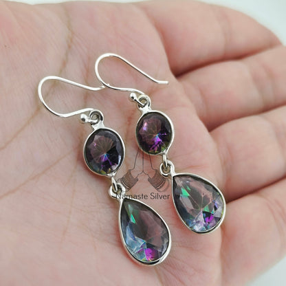 Aurora Mystic Topaz Earrings, 925 Sterling Silver Dangle Earrings, Dual Mystique Topaz Gemstone Handmade Jewelry, Birthstone Gift For Her