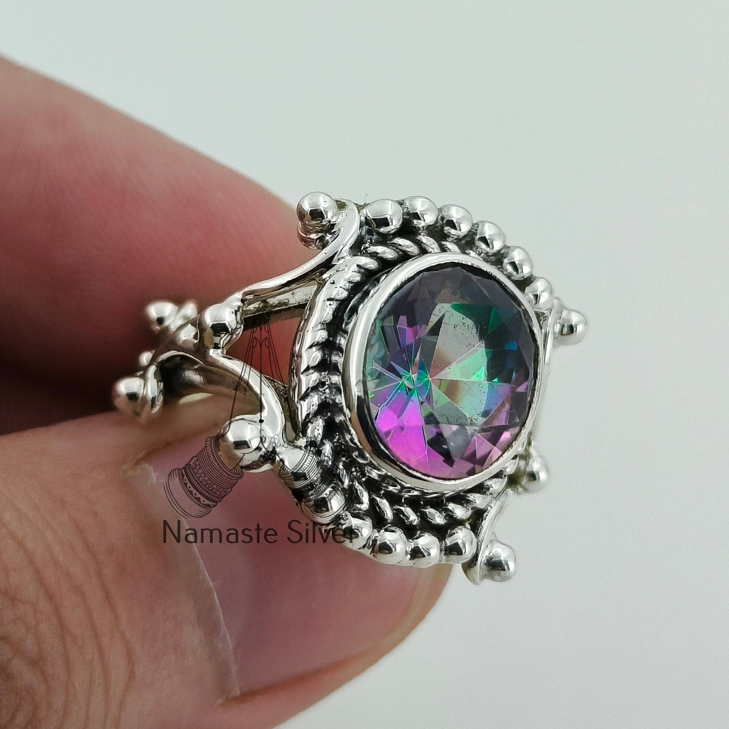 Aurora Mystic Topaz Ring, 925 Sterling Silver Promise Ring, Mystique Topaz Oval Gemstone Handmade Jewelry, November Birthstone, Gift for Her
