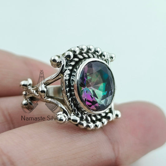 Aurora Mystic Topaz Ring, 925 Sterling Silver Promise Ring, Mystique Topaz Oval Gemstone Handmade Jewelry, November Birthstone, Gift for Her