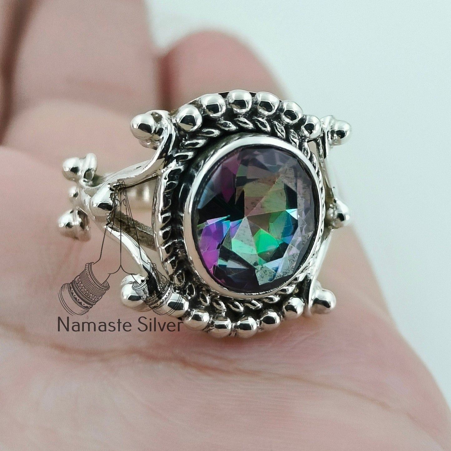 Aurora Mystic Topaz Ring, 925 Sterling Silver Promise Ring, Mystique Topaz Oval Gemstone Handmade Jewelry, November Birthstone, Gift for Her