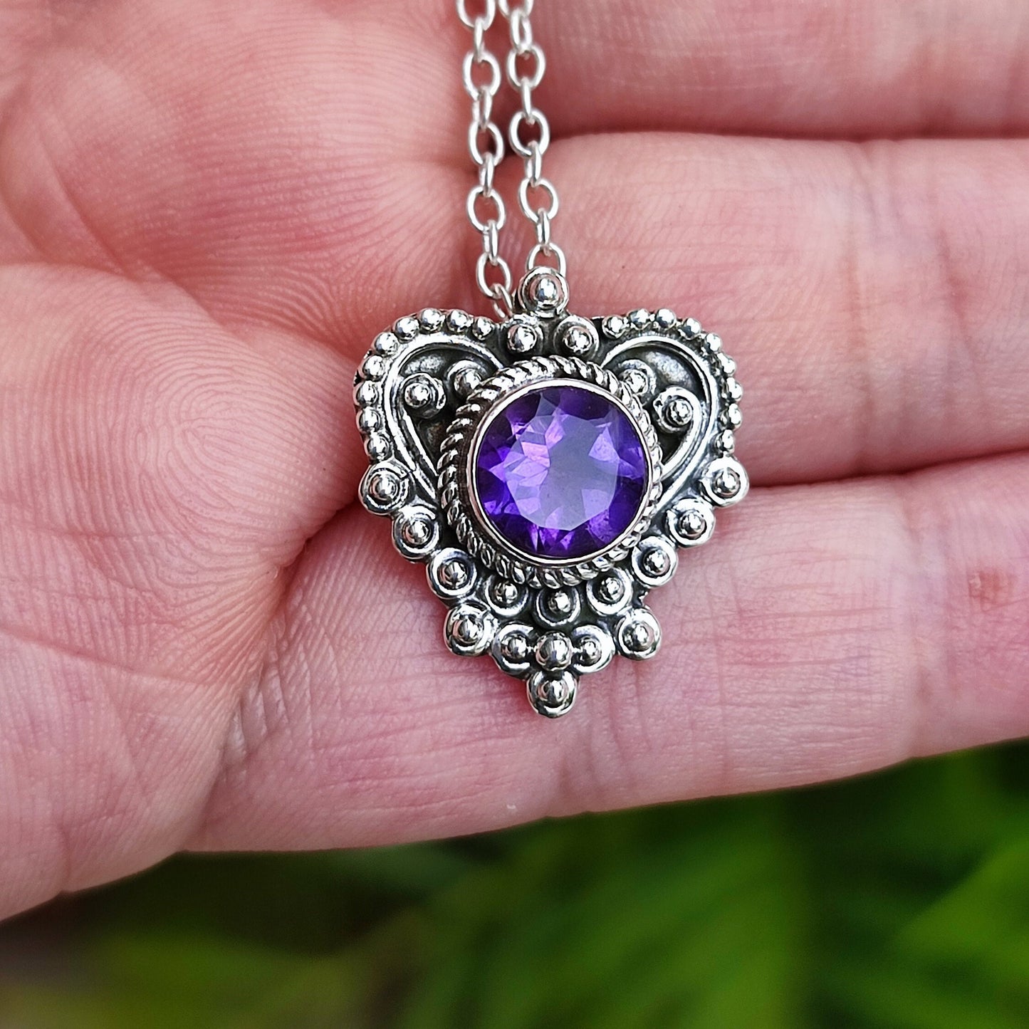 Amethyst Necklace, 925 Sterling Silver Pendant Locket, Natural Purple Gemstone Round Handmade Jewelry, February birthstone, Gift for her
