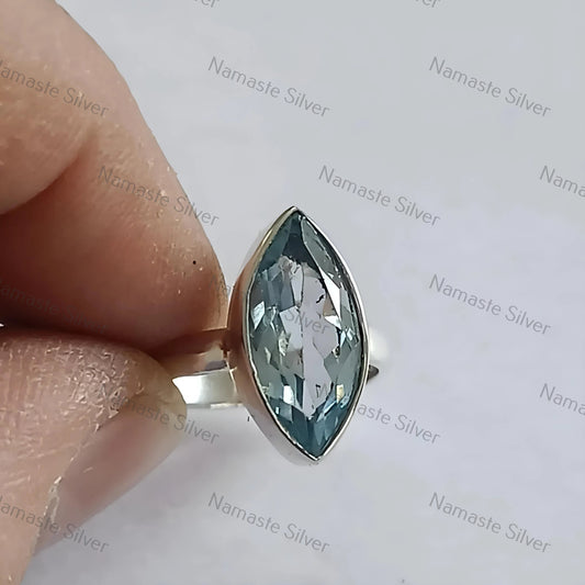 Blue Topaz Ring, 925 Sterling Silver Statement Promise Ring, Natural Blue Topaz Marquise Gemstone Handmade Boho Jewelry, Unique Gift for Her