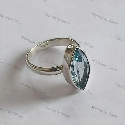 Blue Topaz Ring, 925 Sterling Silver Statement Promise Ring, Natural Blue Topaz Marquise Gemstone Handmade Boho Jewelry, Unique Gift for Her