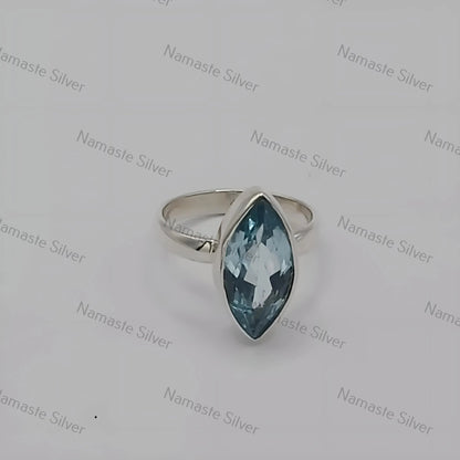 Blue Topaz Ring, 925 Sterling Silver Statement Promise Ring, Natural Blue Topaz Marquise Gemstone Handmade Boho Jewelry, Unique Gift for Her