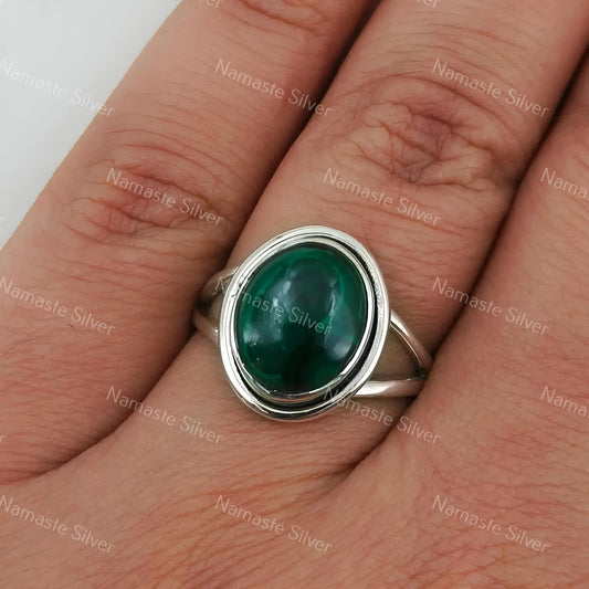 Malachite Ring, 925 Sterling Silver Statement Promise Ring, Natural Green Gemstone Oval Handmade Jewelry, April Birthstone, Gift For Her