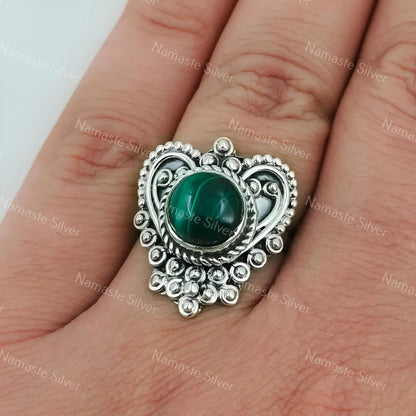 Malachite Ring, 925 Sterling Silver Promise Ring, Natural Green Malachite Round Gemstone, Handmade Heart Shape Jewelry, Unique Gift for Her