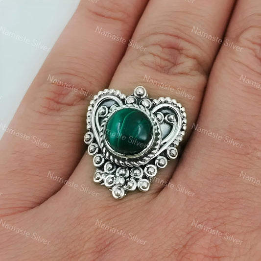 Malachite Ring, 925 Sterling Silver Promise Ring, Natural Green Malachite Round Gemstone, Handmade Heart Shape Jewelry, Unique Gift for Her