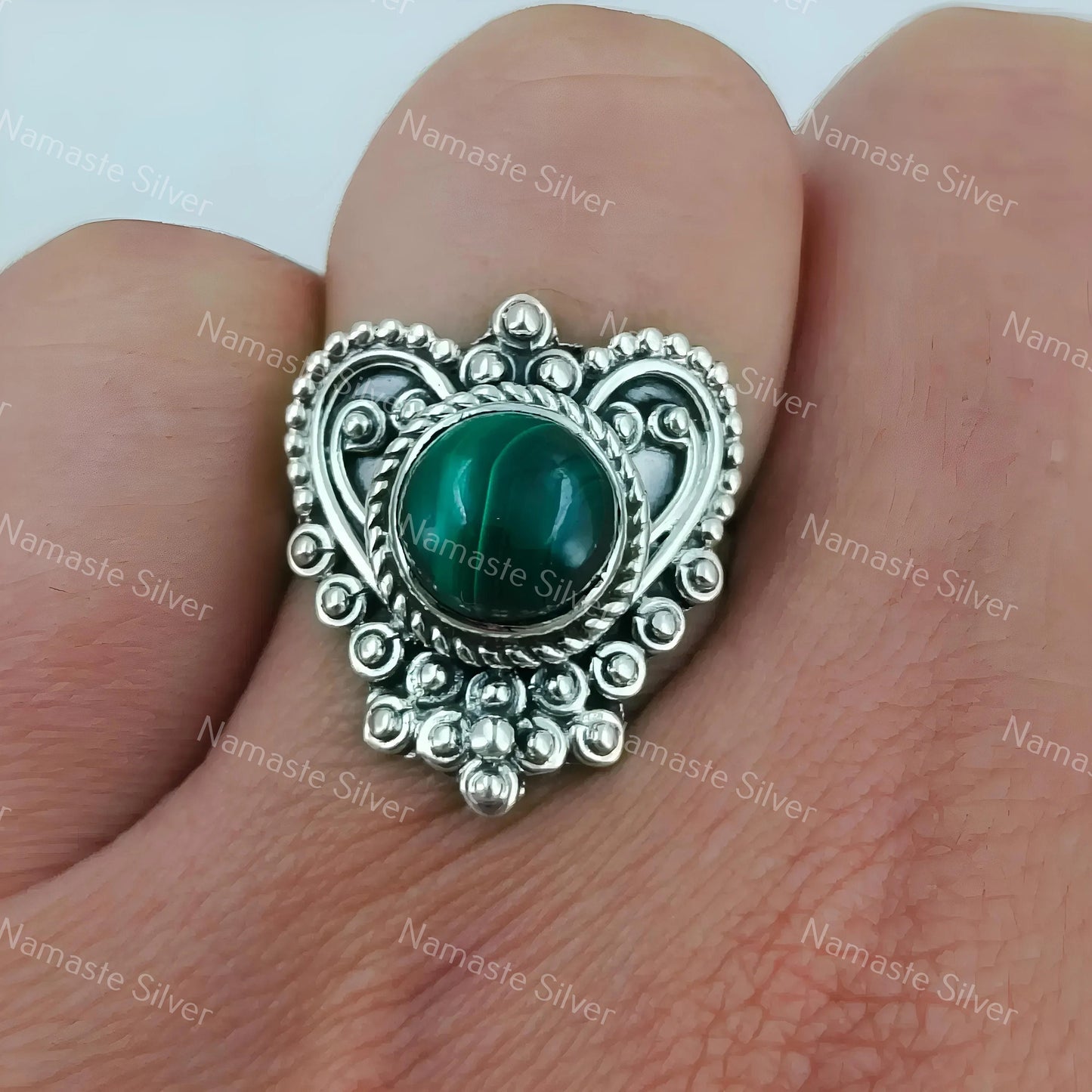 Malachite Ring, 925 Sterling Silver Promise Ring, Natural Green Malachite Round Gemstone, Handmade Heart Shape Jewelry, Unique Gift for Her