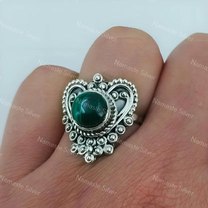 Malachite Ring, 925 Sterling Silver Promise Ring, Natural Green Malachite Round Gemstone, Handmade Heart Shape Jewelry, Unique Gift for Her