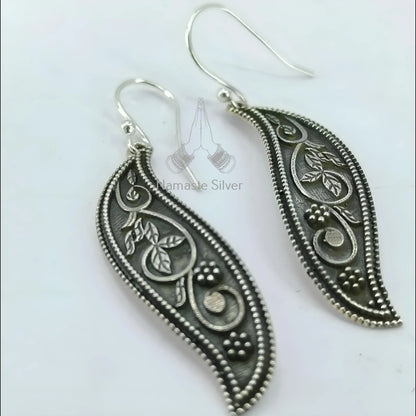 Floral Paisley Earrings, 925 Sterling Silver Dangle Drop Earrings, Paisley Leaf Oxidized Silver Handmade Indian Jewelry, Unique Gift for Her