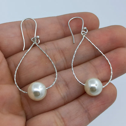 Pearl Earrings, 925 Sterling Silver Dangle Drop Earrings, Freshwater Pearl Round Beads Handmade Boho Earrings, June Birthstone, Gift for Her