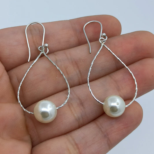 Pearl Earrings, 925 Sterling Silver Dangle Drop Earrings, Freshwater Pearl Round Beads Handmade Boho Earrings, June Birthstone, Gift for Her