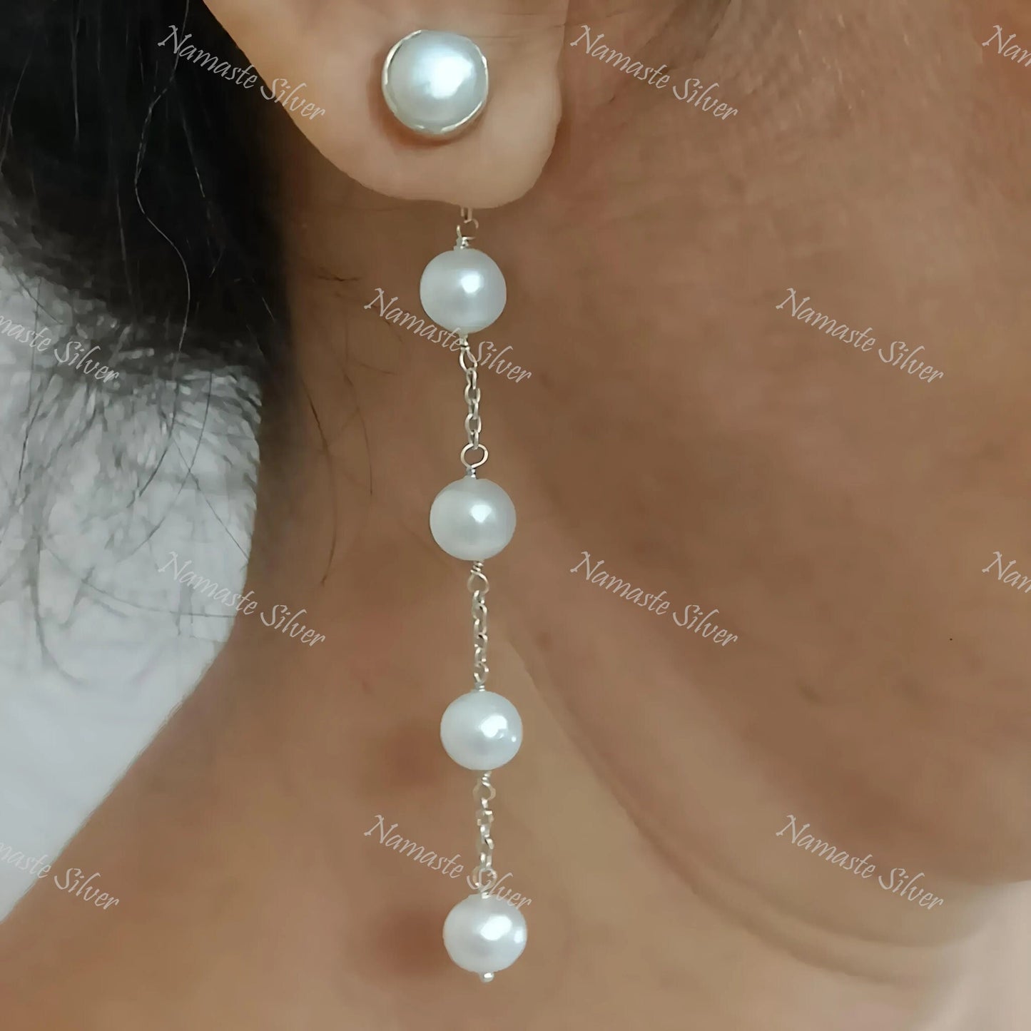 Pearl Earrings, 925 Sterling Silver Dangle Drop Earrings, Freshwater Pearls Handmade Boho Jewelry, June Birthstone, Elegant Gift for Her