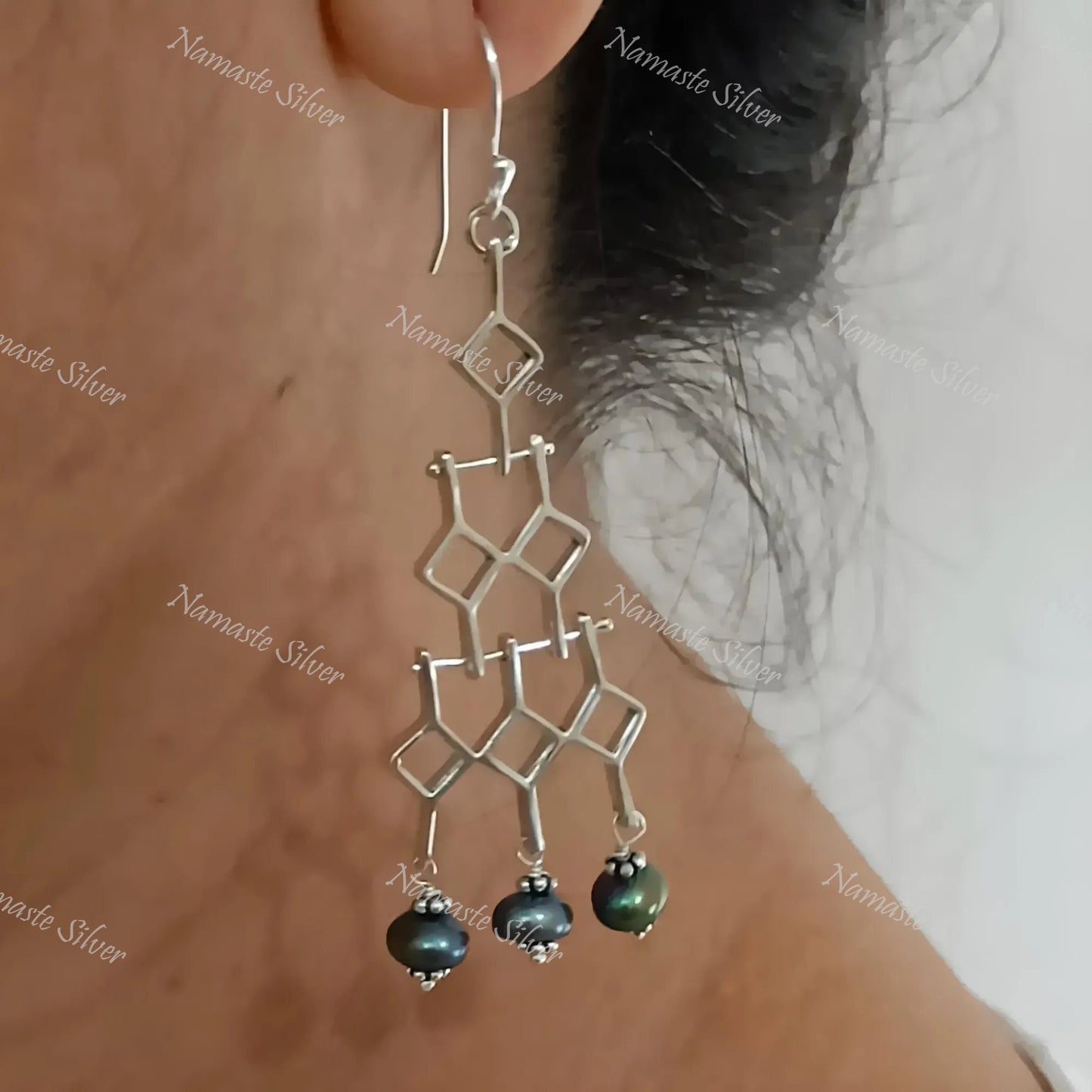 Grey Pearl Earrings, 925 Sterling Silver Dangle Earrings, Freshwater Pearls Geometric Design Handmade Jewelry, June Birthstone, Gift for Her