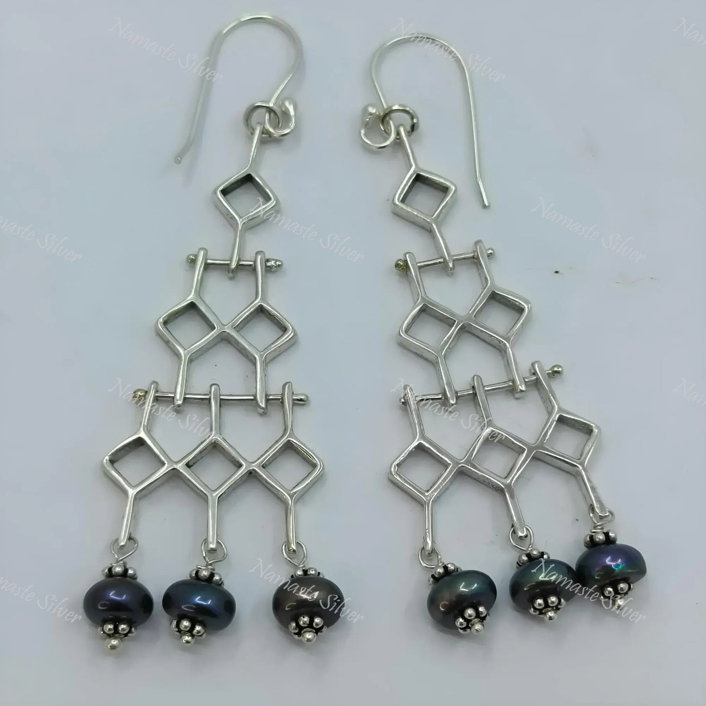Grey Pearl Earrings, 925 Sterling Silver Dangle Earrings, Freshwater Pearls Geometric Design Handmade Jewelry, June Birthstone, Gift for Her