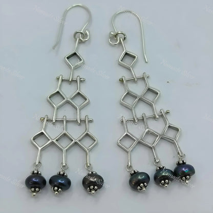 Grey Pearl Earrings, 925 Sterling Silver Dangle Earrings, Freshwater Pearls Geometric Design Handmade Jewelry, June Birthstone, Gift for Her