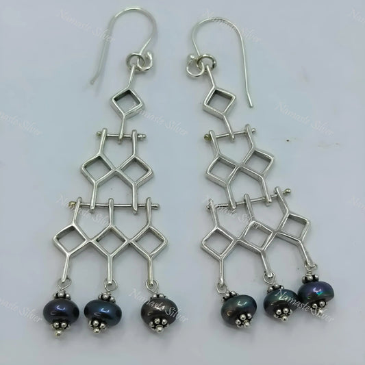 Grey Pearl Earrings, 925 Sterling Silver Dangle Earrings, Freshwater Pearls Geometric Design Handmade Jewelry, June Birthstone, Gift for Her