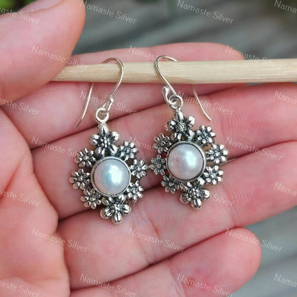 Pearl Earrings, 925 Sterling Silver Flower Dangle Earrings, Freshwater Pearl Handmade Floral Jewelry, June Birthstone, Gift For Her Birthday