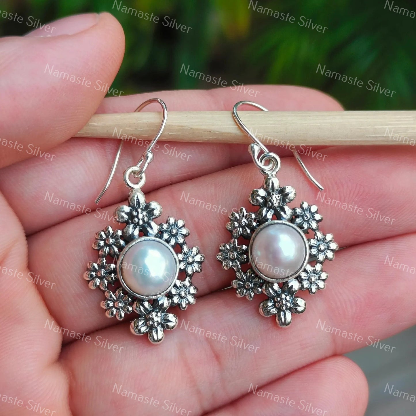 Pearl Earrings, 925 Sterling Silver Flower Dangle Earrings, Freshwater Pearl Handmade Floral Jewelry, June Birthstone, Gift For Her Birthday