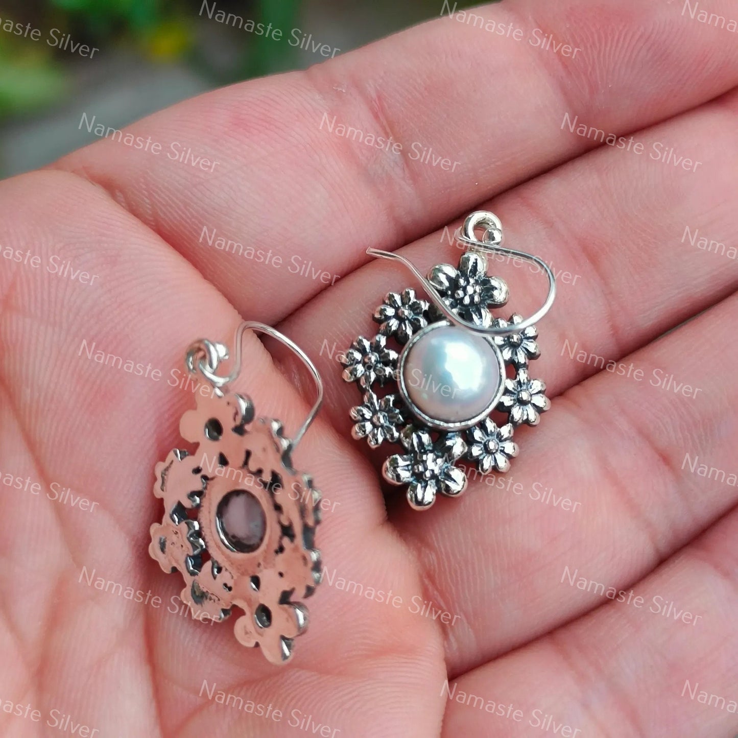 Pearl Earrings, 925 Sterling Silver Flower Dangle Earrings, Freshwater Pearl Handmade Floral Jewelry, June Birthstone, Gift For Her Birthday
