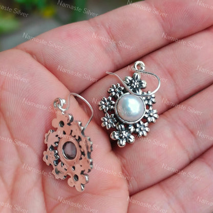 Pearl Earrings, 925 Sterling Silver Flower Dangle Earrings, Freshwater Pearl Handmade Floral Jewelry, June Birthstone, Gift For Her Birthday