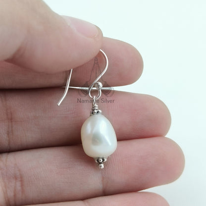 Pearl Earrings, 925 Sterling Silver Handmade Dangle Earrings, Freshwater Pearl Earrings, Light-Weight Minimalist Birthstone Gift for Her