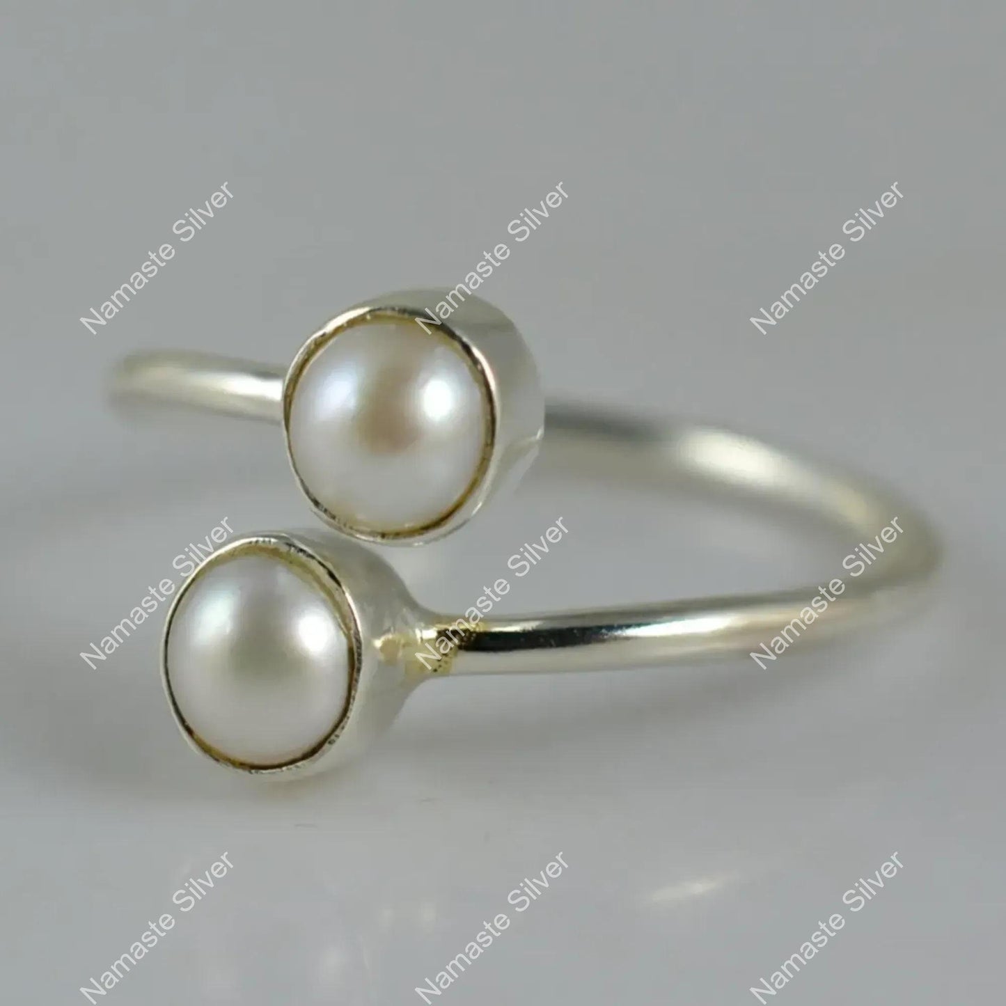 Dual Pearl Ring, 925 Sterling Silver Adjustable Promise Ring, Freshwater Pearl Handmade Boho Jewelry, June Birthstone, Dainty Gift for Her