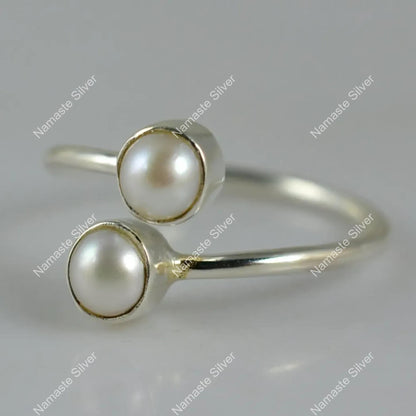 Dual Pearl Ring, 925 Sterling Silver Adjustable Promise Ring, Freshwater Pearl Handmade Boho Jewelry, June Birthstone, Dainty Gift for Her