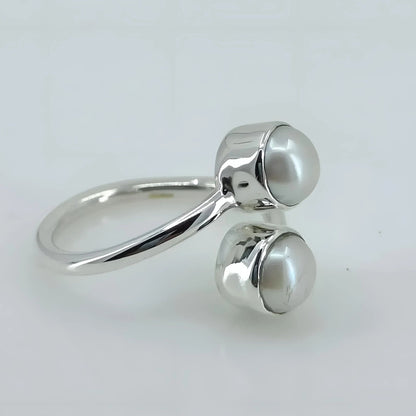Dual Pearl Ring, 925 Sterling Silver Adjustable Promise Ring, Freshwater Pearl Handmade Boho Jewelry, June Birthstone, Dainty Gift for Her