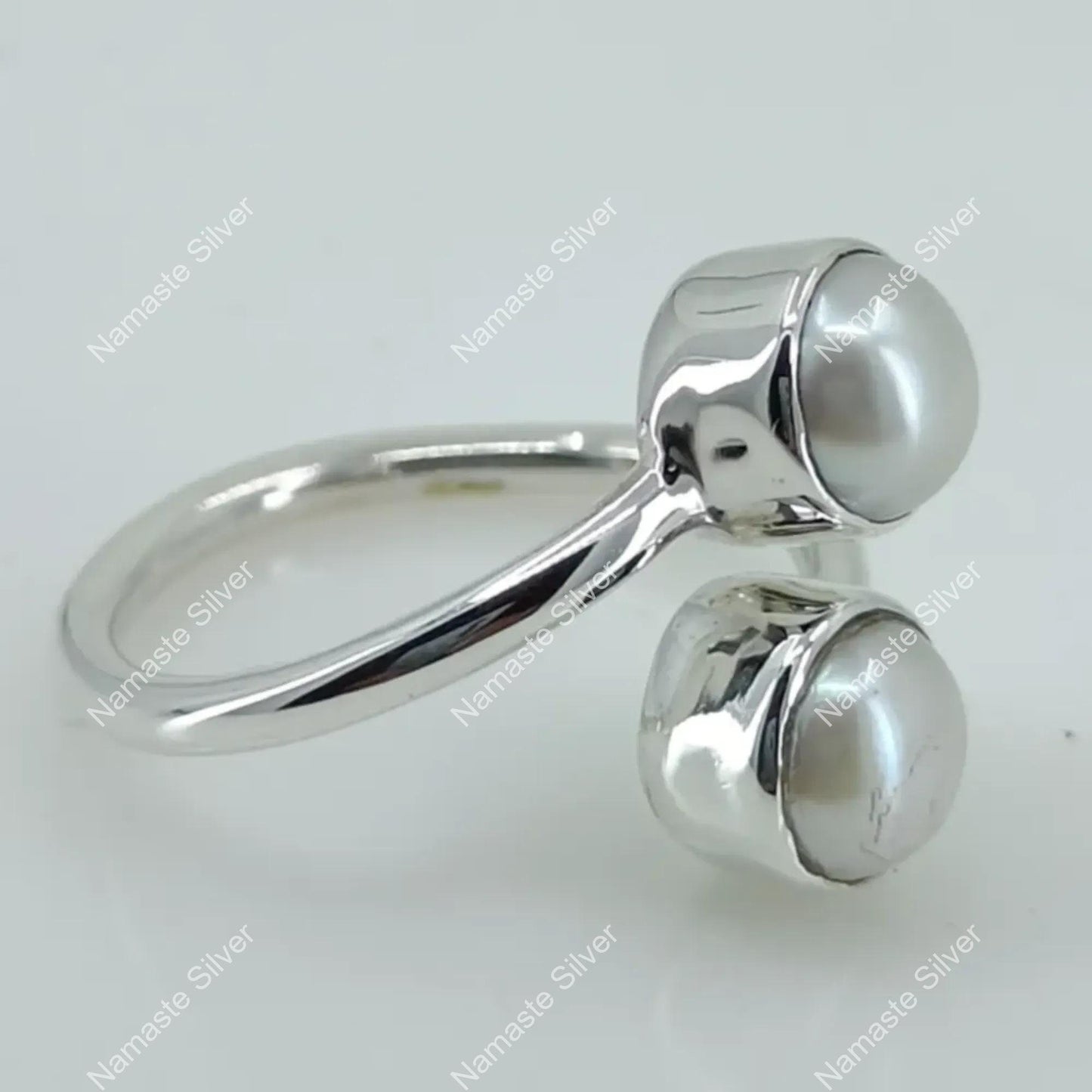 Dual Pearl Ring, 925 Sterling Silver Adjustable Promise Ring, Freshwater Pearl Handmade Boho Jewelry, June Birthstone, Dainty Gift for Her