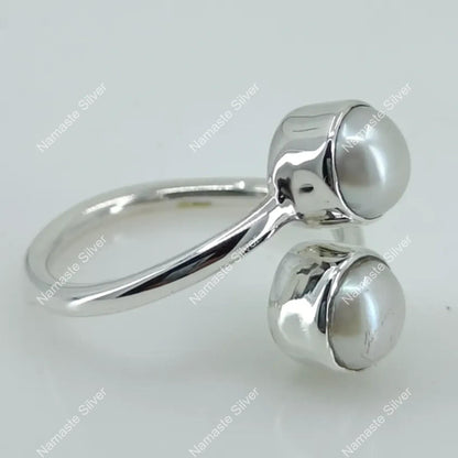Dual Pearl Ring, 925 Sterling Silver Adjustable Promise Ring, Freshwater Pearl Handmade Boho Jewelry, June Birthstone, Dainty Gift for Her